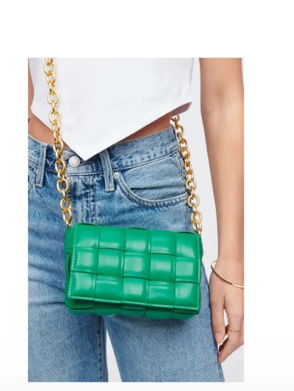 Kelly Green Woven-Panel Chain Crossbody Bag